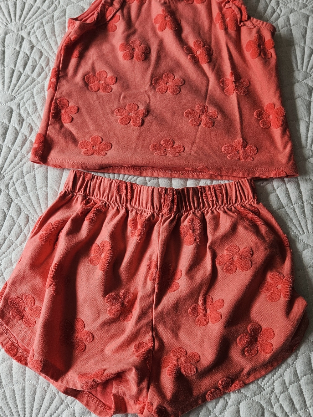 btween Coral-Red Floral Embroidered Athletic Shorts Set